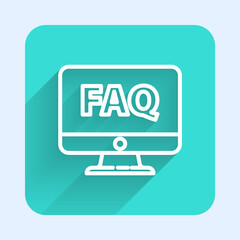 White line Computer monitor and FAQ icon isolated with long shadow. Adjusting, service, setting, maintenance, repair, fixing. Green square button. Vector Illustration.