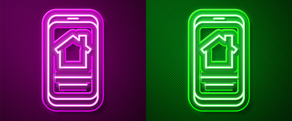 Glowing neon line Online real estate house on smartphone icon isolated on purple and green background. Home loan concept, rent, buy, buying a property. Vector Illustration.