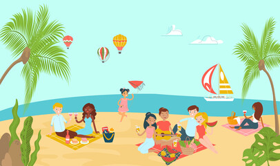 Lovely beach ocean place, lover couple relax paradise tropical seaside and family rest picnic flat vector illustration. Cheerfully time spend, sea background with aerostat, palm tree leaf.