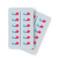 Blue and pink capsules in a blister, flat design medicine vector illustration, blister with capsules icon