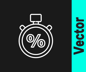 White line Stopwatch and percent icon isolated on black background. Time timer sign. Vector Illustration.