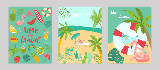 Templates summer travel set poster concept banner, pattern tropical hot relax flat vector illustration. Ocean rest seaside heavenly place, vacation hot country beach recreational activity.