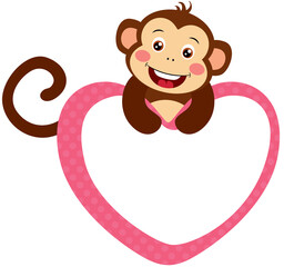 Cute monkey peeking on heart frame