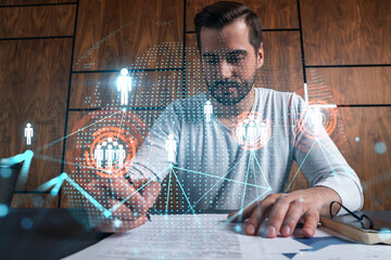 Handsome man sign SMM contract to promote personal brand project. Multiexposure. Social network...