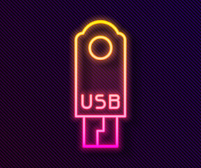 Glowing neon line USB flash drive icon isolated on black background. Vector Illustration.