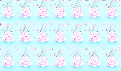 Pattern with pink alarm clock and roses flower on blue background. Festive concept or Hello Summer concept. Creative copy space