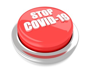 STOP COVID-19 on red push button. 3D illustration. Isolated background.