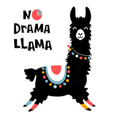Cute cartoon llama design with No drama llama motivational quote. Vector illustration © Mrs Opossum