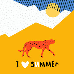 I Love Summer greeting card illustration. Abstract pattern with geometric shapes and leopard. Vector background