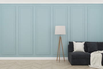 blue wall with wood floor ,3d render