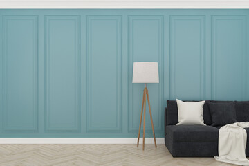 blue wall with wood floor ,3d render