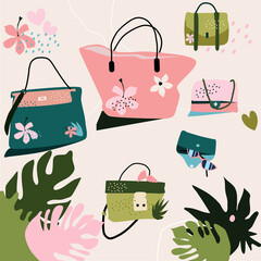 Set of women’s handbags and purses with floral prints in pastel colors.Fashion accessories for the beach and city.Lotus flowers,tropical leaves around.Hand drawn vector Illustration for shop signboard