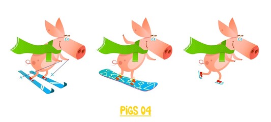 Cute pig with a camera tablet and a gift in his hands. Cartoon style illustration.