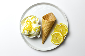 Homemade and refreshing natural lemon ice cream ball in cone