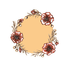 Wreath with floral ornament. Poppies and flowers circle. Instagram frame red flowers