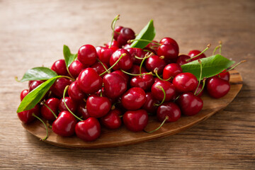 fresh cherries on a wooden table