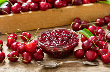 bowl of cherry jam and fresh fruits