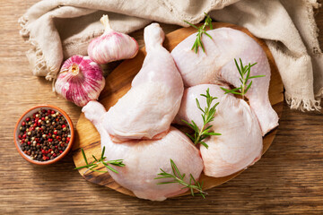 fresh chicken legs with rosemary, top view