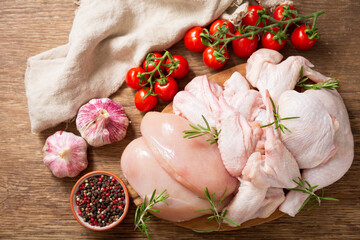 fresh chicken meat with rosemary, top view