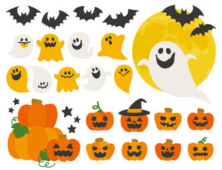 Naklejka premium ハロウィン カボチャ オバケ コウモリ イラスト セット