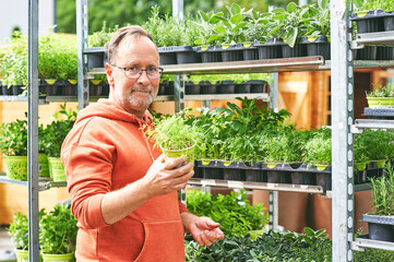 Middle age man gardener buying plants in garden center