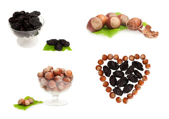 set of prunes and hazelnuts isolated on white background