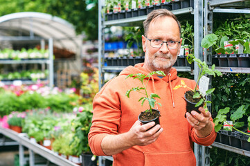 Middle age man gardener buying plants in garden center