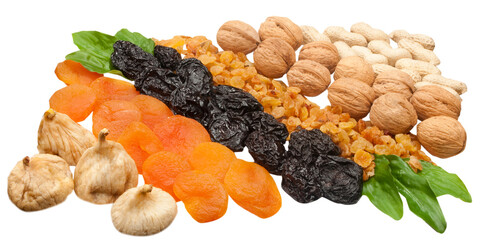 composition of dried fruits and nuts isolated on the white background