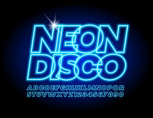 Vector glowing poster Neon Disco with Electric light Font. Blue Alphabet Letters and Numbers