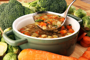 Soup, Vegetable Soup, Bowl. Traditional hot veggie soup