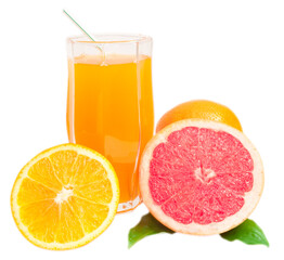 sliced orange and grapefruit with glass of juice
