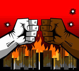 BLM protest concept poster.  Black lives matter and fighting of white and black fists against burning city. Illustration, vector