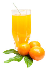 fresh tangerines with glass of juice isolated on white background