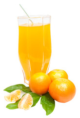 tangerines with segments and glass of juice isolated on white background
