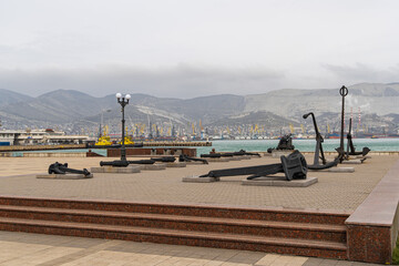 Novorossiysk, Russia - March 25, 2020. - Embankment of Admiral Serebryakov. Real and stylized...