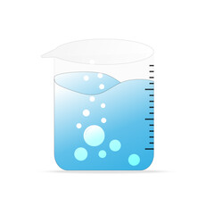 Beaker and bubble in blue water on white isolate background