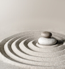 Fototapeta na wymiar Japanese zen garden meditation stone, concentration and relaxation sand and rock for harmony and balance