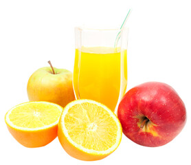apple and orange with glass of juice isolated on white