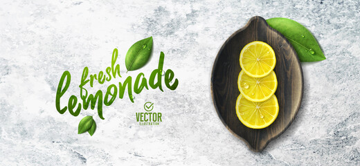 Vector realistic lemon illustration and leaves on white stone background