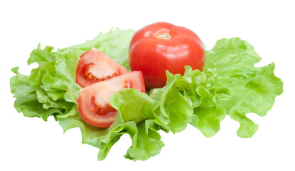 fresh juicy tomato and lettuce isolated on white background