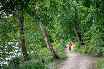 A jogger running along a lake path
