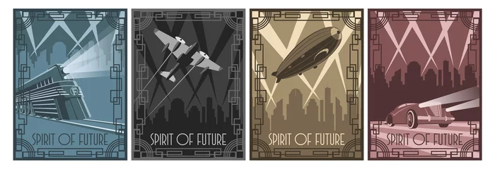 Fotobehang Spirit of Future jaren 1920 Art Deco stijl poster set, retro toekomstig vervoer, auto, vliegtuig, bestuurbaar, locomotief © koyash07