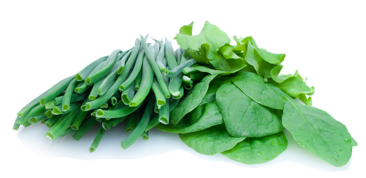 fresh green onion and spinage with drops of water isolated on white background