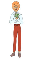 boy in formal clothes with a bouquet of flowers. schoolboy on September 1. beginning of the school year. card printing