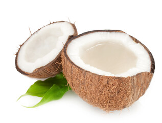 splitted coconut filled with milk isolated on white background