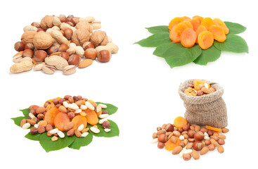 set of dried fruits and nuts isolated on white background