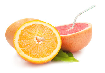sliced orange and grapefruit with green leaves isolated on white background