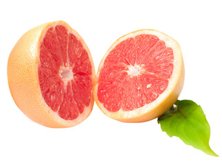 sliced grapefruit with green leaves isolated on white background