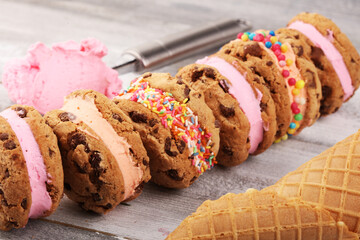 ice cream sandwiches with strawberry and chocolate. Chocolate Chip Cookie Ice Cream Sandwich