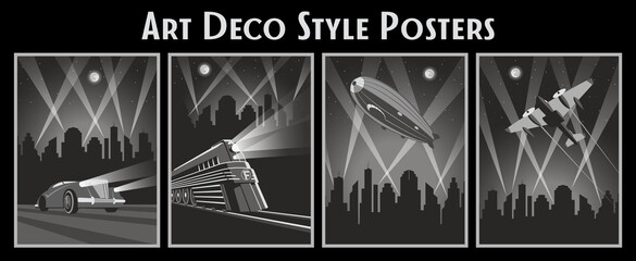 Retro Future Transport: Car, Locomotive, Airplace, Dirigible, Cityscape Silhouette Art Deco Style Poster Set